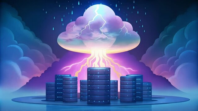 A lightning storm erupting from a data server as if the AGIs awakening is also causing a disruption in the digital world.