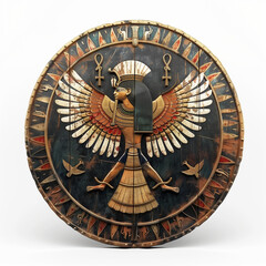 Ornate Round Shield Featuring Egyptian Goddess with Ankh and Wings
