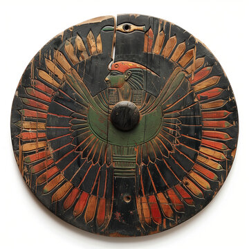 Aged Round Shield with Egyptian Falcon Design and Central Boss
