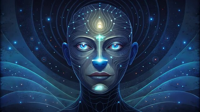 A cosmic collage of a human face interwoven with snippets of code and binary numbers representing the infinite possibilities when human and AI