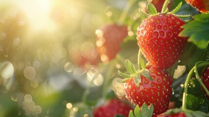 Ripe strawberries on plant, glistening in sunlight with bokeh background