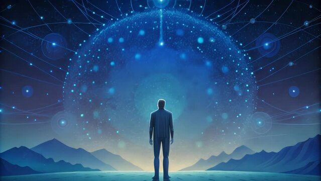 A person standing in front of a night sky filled with sparkling data points showcasing the limitless potential of AGIs ability to process