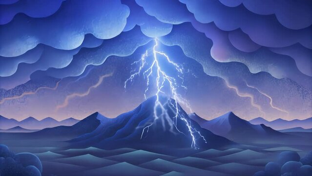 A thunderstorm raging above a vast landscape with each bolt of lightning representing a new insight or breakthrough as the AGI processes and
