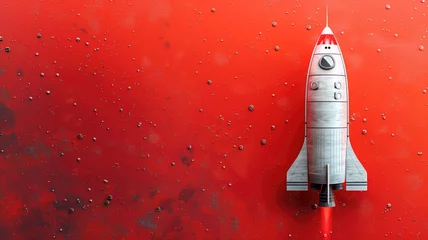 Zelfklevend Fotobehang Toy rocket is depicted on red textured surface resembling Martian landscape, with fiery propulsion effect © Artyom