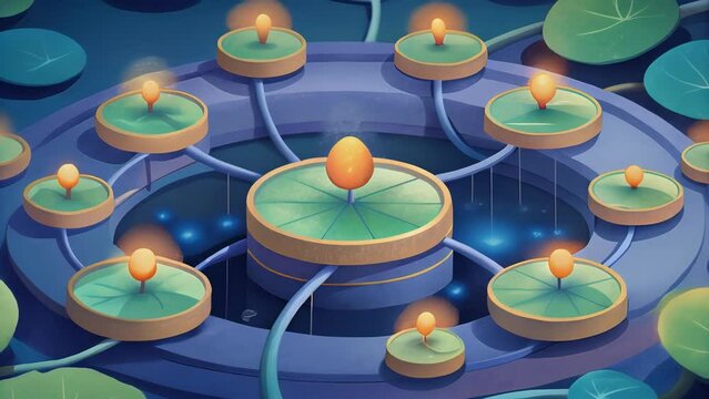 A pond with lily pads floating on its surface each representing a different memory module in AGIs system. Like the lily pads that support each