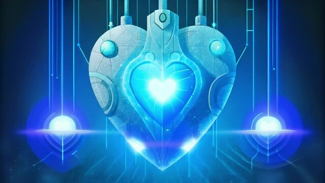 A mechanical heart suspended in a dark void surrounded by glowing binary code symbols suggesting the AIs processing of emotions in a digital