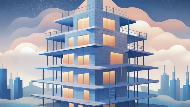 A building under construction with each floor representing a new level of complexity and sophistication in AGIs development with no limits to