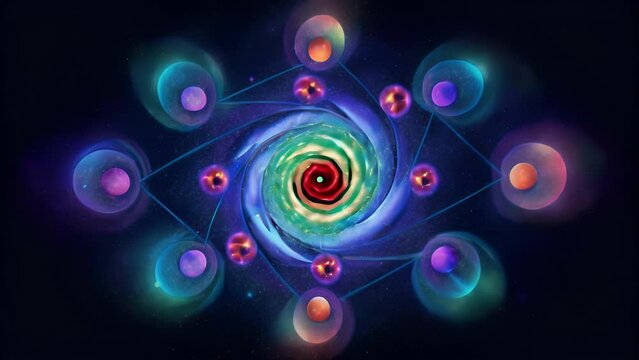 A kaleidoscope of colorful galaxies all connected by strands of binary code portraying the potential for AGI to bridge the gap between