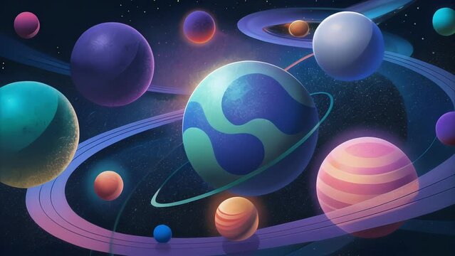 A collection of planets with varying shapes and sizes positioned at different angles and connected by curved glowing pathways depicting the
