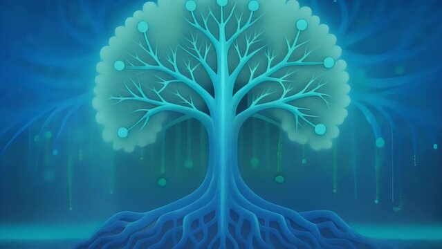 A tree with roots and branches that are made up of binary code symbolizing the intertwining relationship between human consciousness and AGI.