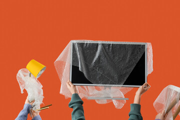 Women with wrapped things on orange background. Moving concept