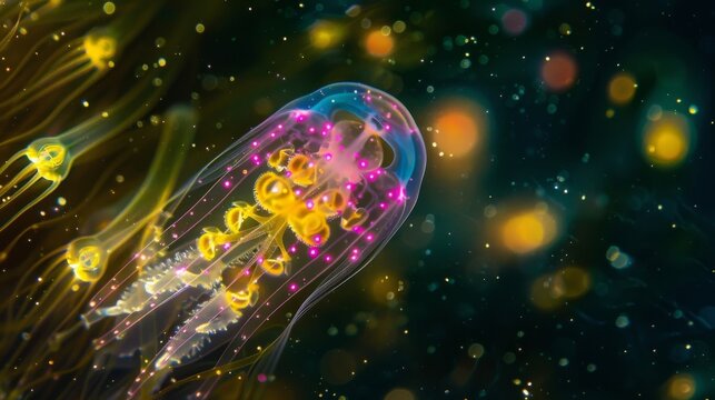 A colorful microscopic image of a jellyfish larvae surrounded by tiny glowing plankton that resemble ling stars in a dark sea.