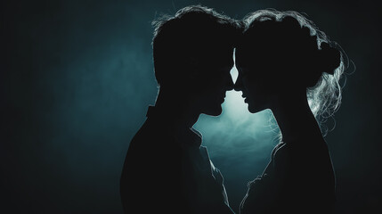 A couple is shown in a dark room, with their faces close together - Powered by Adobe