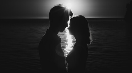 A couple is kissing in the ocean at sunset - obrazy, fototapety, plakaty