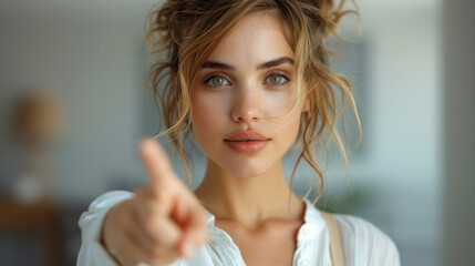 Fototapeta premium Successful confident smart caucasian young businesswoman freelancer boss CEO bank manager worker employee looking at camera pointing at copy space in formal clothes isolated in white.