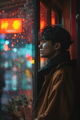 A man is standing in front of a window with raindrops on it