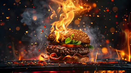 Sizzling Burger Delight: Juicy Patties Cooking on a Flaming Grill, Topped with Savory Herb Sauce and Spicy Flavors Against a Dark Background - obrazy, fototapety, plakaty