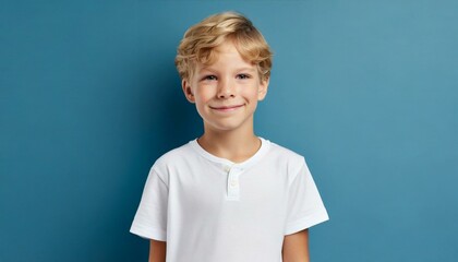 ai generative of a boy, blonde hair, wearing a white t-shirt. for graphic design templates and advertising