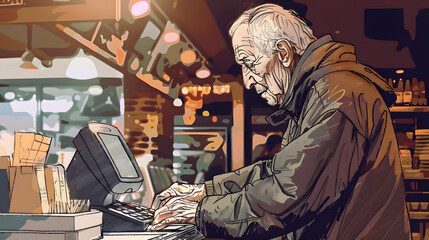 Experienced Elderly Employee Diligently Working at a Fast Food Restaurant - Generative AI - obrazy, fototapety, plakaty