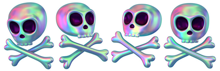Cartoon set of iridescent metal skulls with crossbones. Halloween design. 3D rendering.