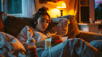 A Taste of Comfort: A Caucasian Woman Relishes a Delicious Burger While Watching a Documentary on Television, Indulging in the Convenience of Home-Delivered Fast Food - obrazy, fototapety, plakaty