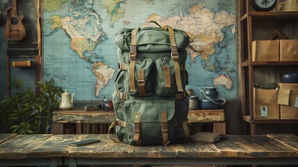 Fototapeta na wymiar An adventurous atmosphere is created by a vintage backpack set on a rustic table against a backdrop of a world map
