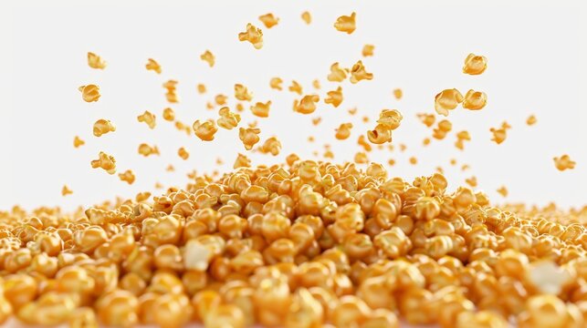 A pile of golden caramel corn  d style isolated flying objects memphis style d render   AI generated illustration