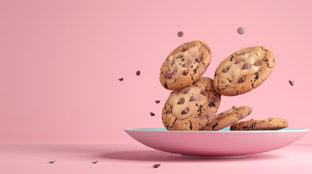 A plate of freshly baked cookies  d style isolated flying objects memphis style d render   AI generated illustration