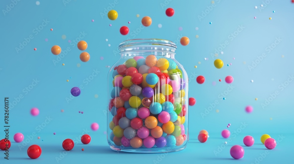 Wall mural a rainbow of gumballs in a glass jar d style isolated flying objects memphis style d render ai gener