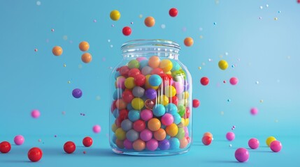 A rainbow of gumballs in a glass jar d style isolated flying objects memphis style d render   AI generated illustration