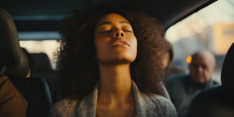 Woman closing eyes and taking a deep breath while sitting in traffic on packed highway, concept of Serenity