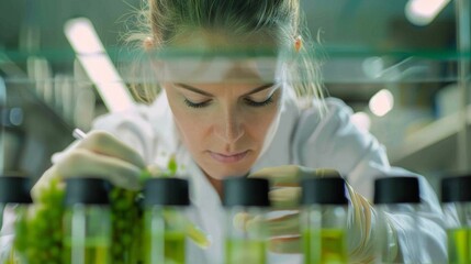 A laboratory technician focused intently on her work delicately transferring microalgae samples into test tubes. Through her precision and skill she is ensuring the success of the .