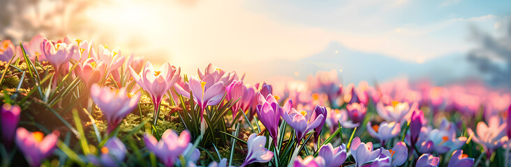 Wild purple crocus blooming in spring field. Crocus heuffelianus or saffron flowers. Springtime landscape.  Beautiful morning with sunlight. Floral background for card, banner, poster with copy space