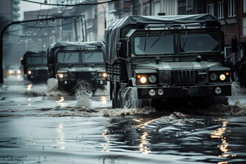 As flood occurs, column of military vehicles navigates flooded avenues in order to assist affected population AI Generative
