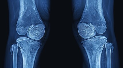 x-ray OA knee both knee in blue tone, x-ray image of knee joint show mild degenerative change - obrazy, fototapety, plakaty