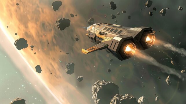 A futuristic spacecraft soaring through a field of asteroids and meteoroids  AI generated illustration