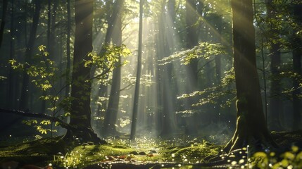 A serene forest with dappled sunlight   AI generated illustration - obrazy, fototapety, plakaty