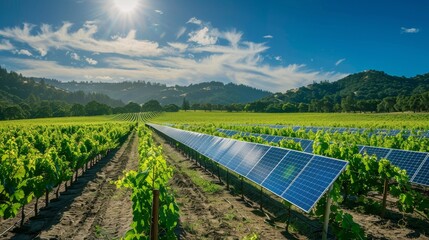 A serene image of a countryside vineyard with solar panels integrated seamlessly into the landscape   AI generated illustration