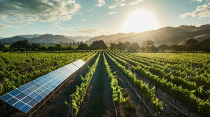 A serene image of a countryside vineyard with solar panels integrated seamlessly into the landscape   AI generated illustration - obrazy, fototapety, plakaty