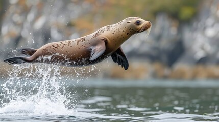 Naklejka premium Adult Steller sea lion (Eumetopias jubatus), leaping, South Marble Islands, Glacier Bay National Park,
