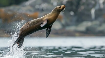 Adult Steller sea lion (Eumetopias jubatus), leaping, South Marble Islands, Glacier Bay National Park,