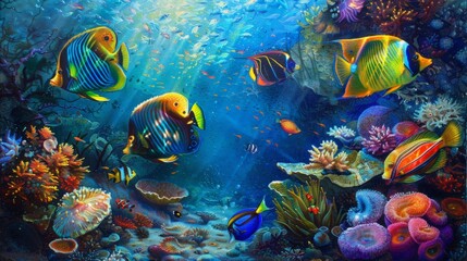 Fototapeta na wymiar Animals of the underwater sea world. Ecosystem. Colorful tropical fish. Life in the coral reef.