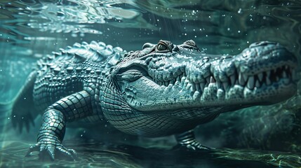 Fototapeta premium A sleek crocodile gliding through the water with incredible realism a digital masterpiece AI generated illustration