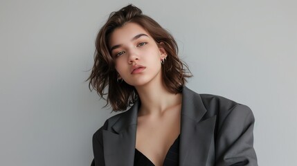 Obraz premium A sleek magazine-worthy photo of a young brunette woman in a blazer posing in a studio setting AI generated illustration