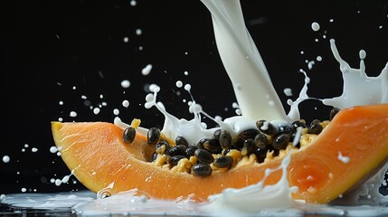 A stream of milk pouring over a halved papaya  AI generated illustration - obrazy, fototapety, plakaty
