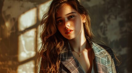 Fototapeta premium A stunning fashion shoot featuring a young brunette woman in a blazer showcasing her beauty and style AI generated illustration