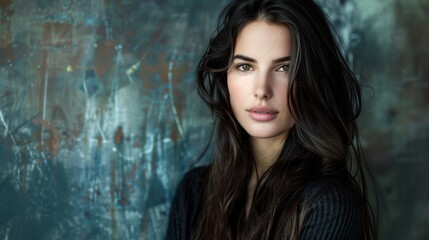 Obraz premium A stunning mid-body portrait of a stylish brunette female with long hair set against a contrasting background AI generated illustration