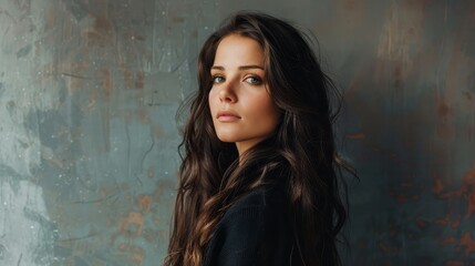 Fototapeta premium A stunning mid-body portrait of a stylish brunette female with long hair set against a contrasting background AI generated illustration