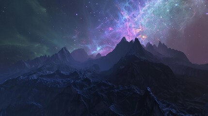 A surreal mountain range stretching off into the distance bathed in the light of a nearby supernova   AI generated illustration - obrazy, fototapety, plakaty