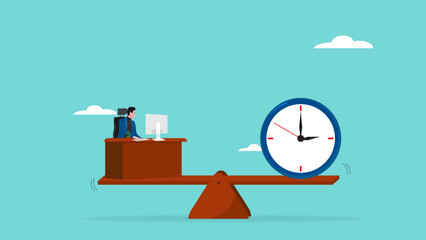 work life balance, flexible working hours, time management for work, businessman working on desk with seesaw and clock balance concept vector illustration